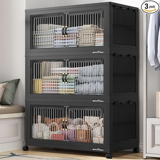 BROVIEW 600Qt Extra Large Stackable Storage Bins with Lids, Closet Organizer Collapsible Drawer Boxes with Wheels, Folding Plastic Cabinet Containers for Home Kitchen Room Organization, 3Pack Black by BROVIEW-EnjoytheArtofLife