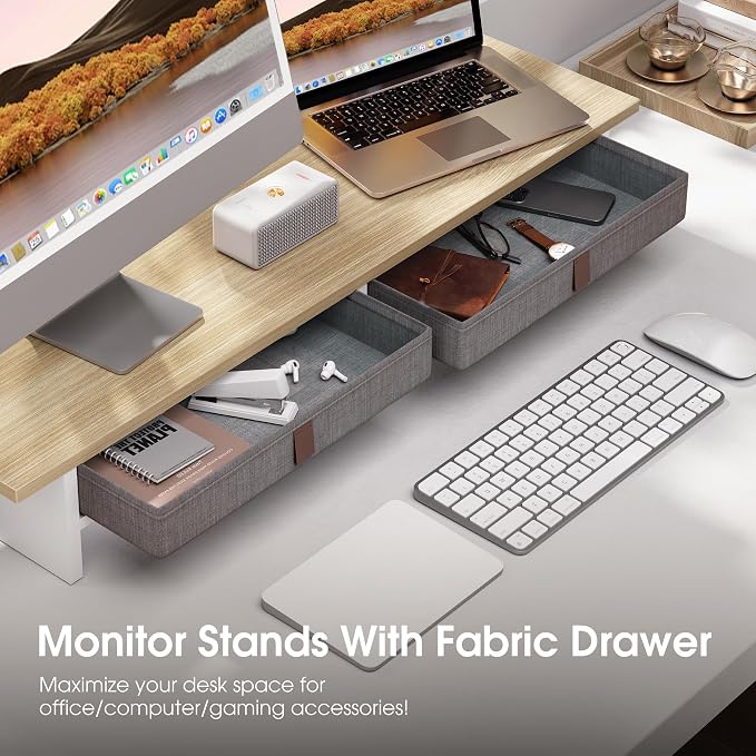 Fenge 35 Inch Monitor Stand with Drawer Storage, Computer Riser for Desk | Wooden Computer Shelf, 2 Tiers, for Dual Monitor/Laptop/PC/TV/Printer up to 55Lbs, Home Office Desk Organizer - Image 4