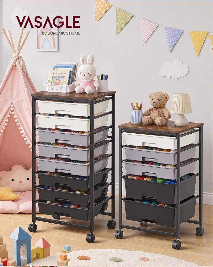 VASAGLE 8-Drawer Rolling Storage Cart, Utility Cart with Wheels and Wood Top, Craft Organizer for Office and Home, 15.6 x 11.2 x 30.1 inch, Black, BENCO Collection ULRC006B101 - Image 2