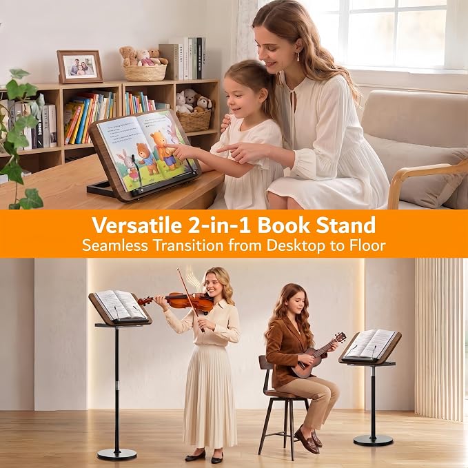 2-in-1 Floor & Desktop Book Stand with Large 16.5"x11.8" Wood Panel | Height Adjustable 16.5"-51" Ergonomic Bookstand with Page Clips for Textbooks, Music Sheets, Recipes, Laptops (Walnut Finish) - Image 2