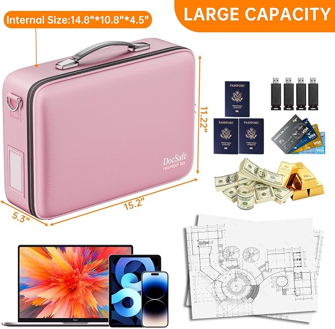 DocSafe Fireproof Document Box with Lock＆Shoulder Strap,Hard Case File Organizer with Accordion File Folder,Multi-Layer Portable Home Office Travel Safe Storage for Important Documents Laptop Pink - Image 5
