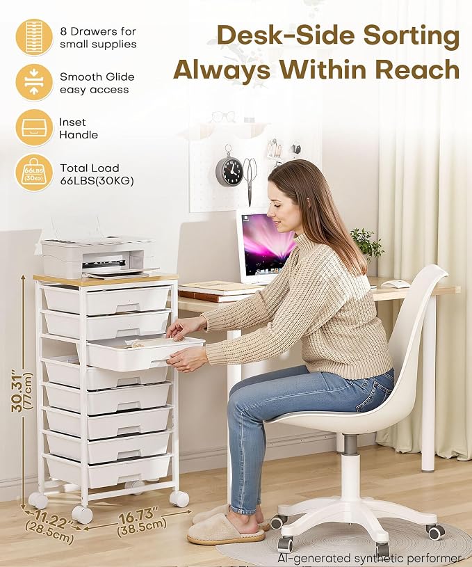 Homde Rolling Storage Drawer Cart: 8-Drawer Sort to Clear Desk & Dresser Clutter - Anti-Fall Smooth Glide Prevents Spill-Out During Daily Grab - Lockable Wheels Keep It Steady - Image 3