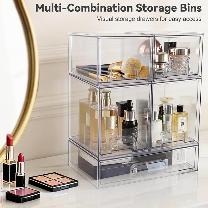 Hvygss Clear Stackable Storage Drawers, Countertop Bottle Organizer 5-Pack | Pull-Out Drawers, Waterproof, Dustproof, Bpa-Free, Space-Saving, For Vanity, Bathroom, Kitchen, Cabinet, Pantry - Image 3