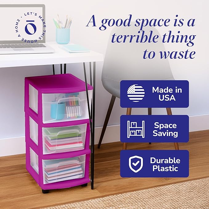 HOMZ Drawer Tower, 3-Tier Clear Plastic Storage Organizer Cart, Purple Frame - Rolling Drawer Containers with Wheels for Bathroom, Bedroom, Office, and Classroom Organization - Image 6