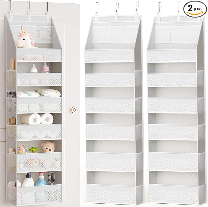 2 Pack Over the Door Organizer, Heavy-Duty 6-Shelf Hanging Storage with 13 Mesh Pockets, 55lbs Capacity Behind the Door Storage for Nursery, Bathroom, Bedroom, and Dorm, White by Criusia