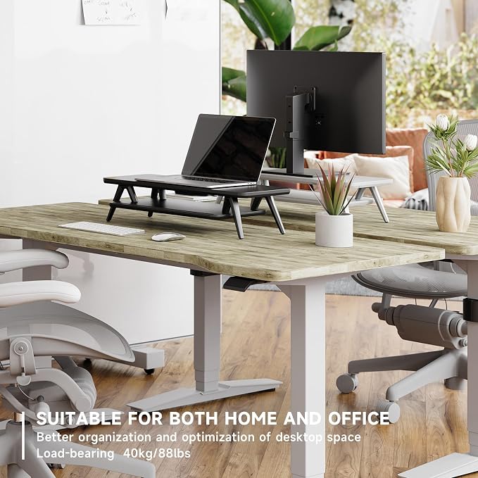 Fenge Monitor Stand Riser, Wooden Desk Shelf with 2-Tier Storage | 23.6-Inch Wide, Sturdy Aluminum Legs, Built-In Phone & Tablet Slot, Desktop Organizer for Office Accessories - Image 3