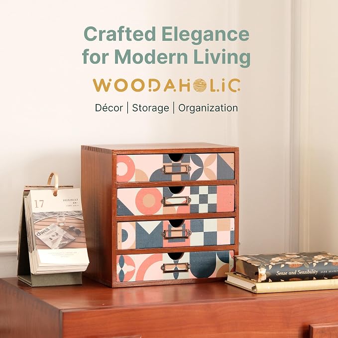 Mid-Century Modern Geometric Pattern Desk Organizer - Earth Tone Desktop Storage with 4-Drawer - Retro Modern Wood Cabinet for Office Supplies, Craft Tools, & Home Organization - MCM Drawer Unit - Image 8