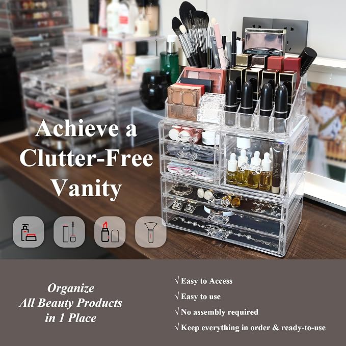 Sea Team 3-Tier Stackable Clear Acrylic Makeup Organizer with Drawers | Cosmetic Display Case, Jewelry Storage Box, 7 Drawers and 1 Lipstick Holder, Ideal for Vanity, Dresser, Bathroom, Countertop - Image 3