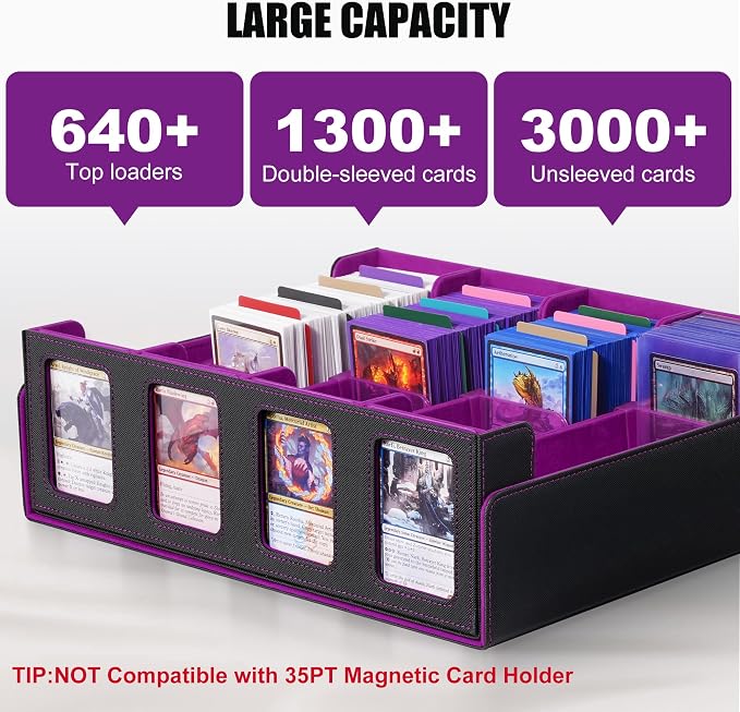 Trading Card Storage Box with Commander Display , 4-Row Deck Case with Removable Lid; 2400+ Card Deck Box for MTG TCG Sports Card, 4 Top Loaders, 4 Stoppers, 24 Dividers,1 Dice Bag (Black Purple) - Image 2