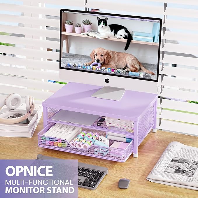 Computer Monitor Stand Riser, Desk Organizer with Drawer, Printer & Laptop Stand, Office Desk Accessories & Workspace Desktop Organizers Storage for Office Supplies(Purple) - Image 3