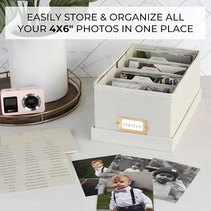 ZICOTO Decorative Photo Storage Box - Sturdy Linen Photo Organizer with Dividers is Perfect to Store Up to 850 Pictures and 4x6 Photos - Portable Scrapbook Storage Containers with Lid - Image 2