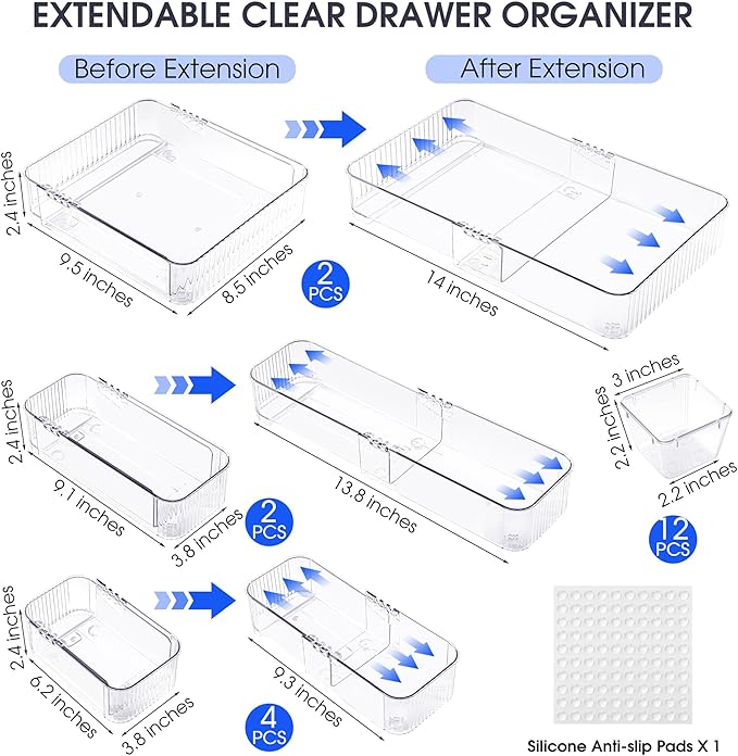 Aneco 20 Pieces Extendable Clear Drawer Organizer Adjustable Vanity Storage Box 4-Size Desk Drawer Divider Acrylic Storage Bins for Makeup, Cosmetic, Jewelries, Bedroom Kitchen Utensils Gadgets - Image 2