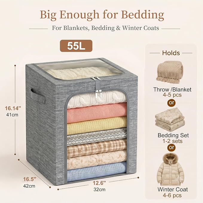 GoMaihe Blanket Storage Bins with Metal Frame for Closet, 55L 6-Pack Grey | Clothing Bedding Winter Coat Comforters , Closet Top Shelf, Collapse-Proof Stackable, See Through, Dual Access Space Saving - Image 3