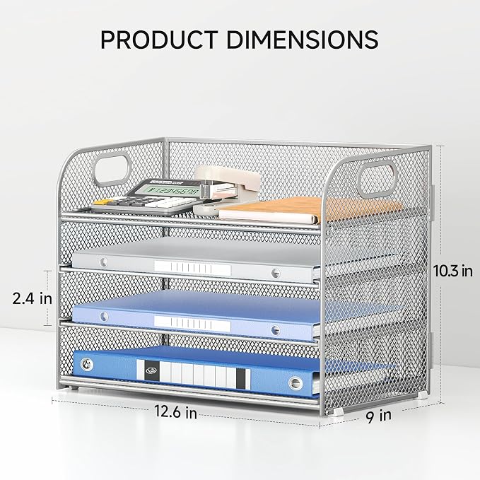 Lavatino 4-Tier Paper Organizer Trays - Silver Mesh File Folder Sorter with Handles, Desk Letter Holder Organizer for Office, Home, School Supplies Storage & Organization - Image 3