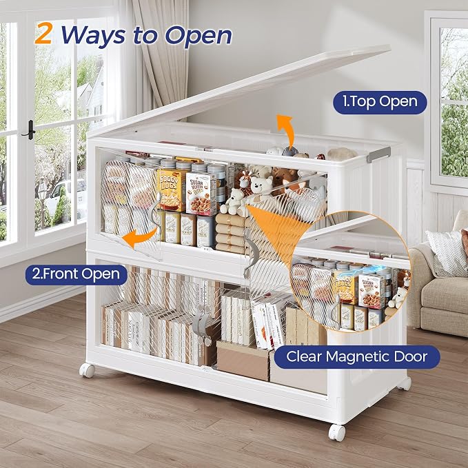 720QT Extra Large Stackable Storage Bins with Lid, 180Gal Plastic Closet Organizers and Storage Drawer, Collapsible Cabinet Box with Wheels Clear Doors for Home Kitchen Garage, 6Pack White - Image 3