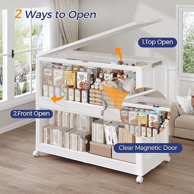 360QT Extra Large Stackable Storage Bins with Lid, 90Gal Plastic Closet Organizers and Storage Drawer, Collapsible Cabinet Box with Wheels Clear Doors for Home Kitchen Garage, 3Pack White - Image 4