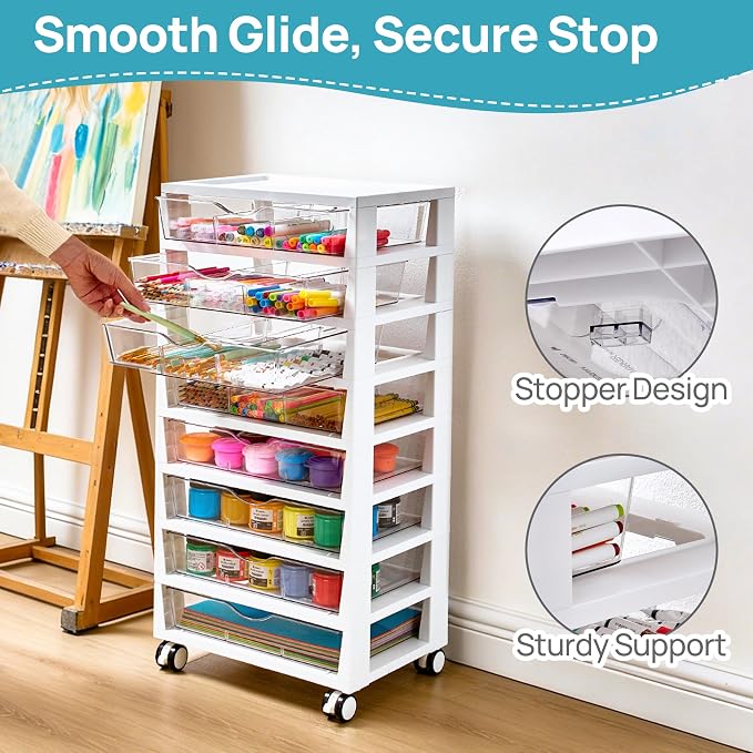 Vtopmart 8 Tier Rolling Cart with Drawers, Clear Plastic | Removable Dividers, Visible Storage, Sturdy Design, For Building Blocks, Toys, Art, Office & Craft Supplies - Image 5