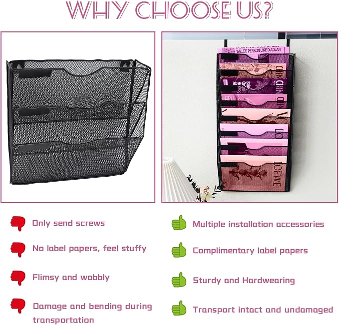 8 Pockets Mesh Wall File Holder Organizer Office Hanging File Folder Magazine Rack, Nametag Label Hooks Set Included (Black) - Image 5
