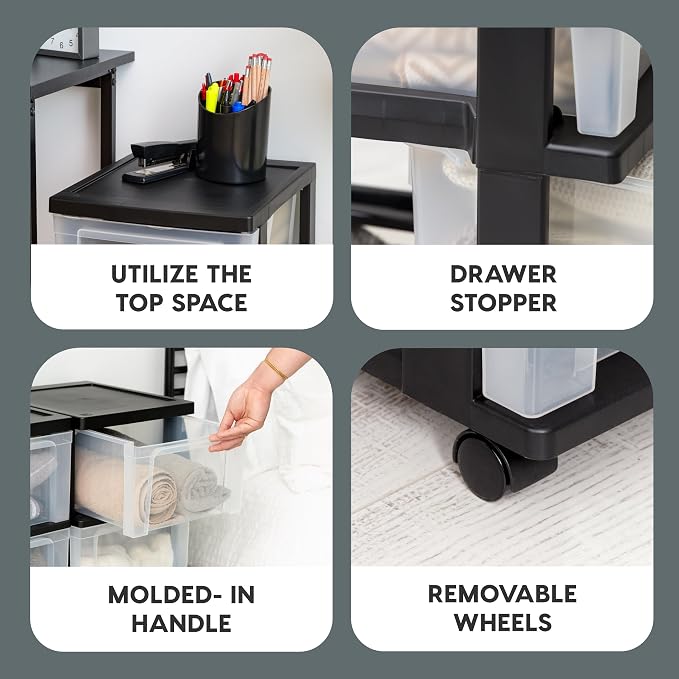 IRIS USA 3-Drawer Slim Narrow Storage Organizer Rolling Cart, Black/Clear | Organize crafts, school supplies, accessories, and household items with slim storage and easy-access drawers - Image 3