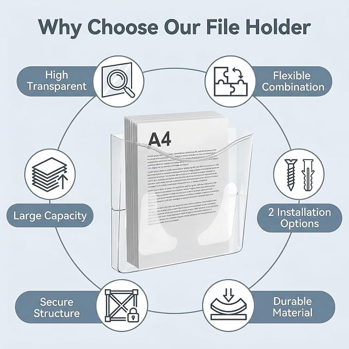 6-Pocket Clear Wall Mount File Organizer for Office, Vertical Hanging Document Paper Folder Holder for Home, Letter Size Mail Sorter, Transparent Magazine Literature Rack with Mounting Hardware - Image 5