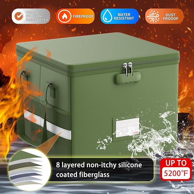 ENGPOW 5200°F File Box Fireproof Document Box with Lock,Heat Insulated Collapsible File Storage Organizer Box with Handle,Portable Home Office File Cabinet for Hanging Letter/Legal Size Folder, Green - Image 3