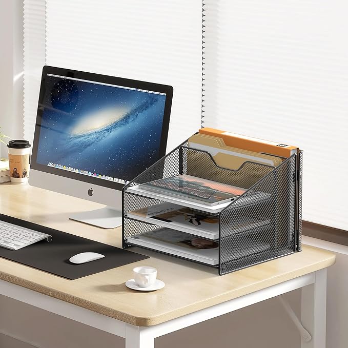 Samstar Desk File Organizer, Mesh Letter File Folder Holder with 3 Paper Trays and 2 Vertical Upright Section, for Office Supplies,Desk Accessories & Workspace,Black. - Image 3