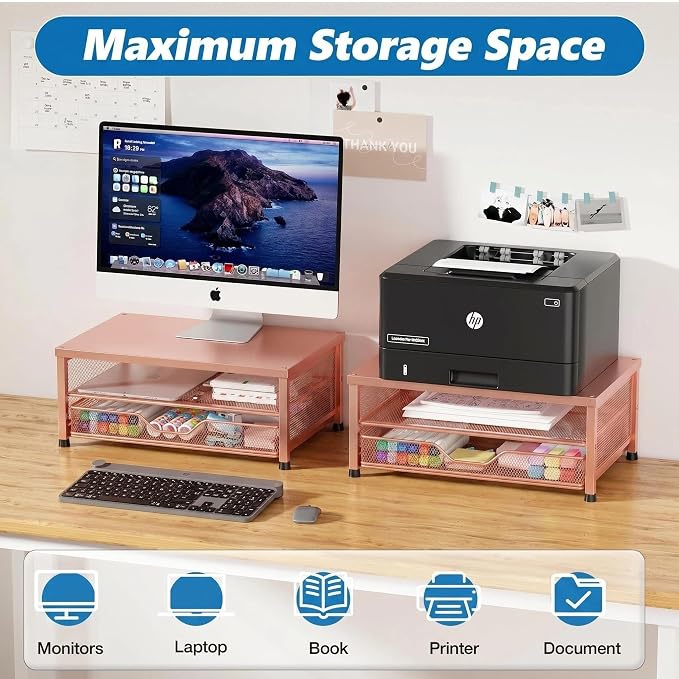 Computer Monitor Stand Riser, Desk Organizer with Drawer, Printer & Laptop Stand, Office Desk Accessories & Workspace Desktop Organizers Storage for Office Supplies(Rose Gold) - Image 6