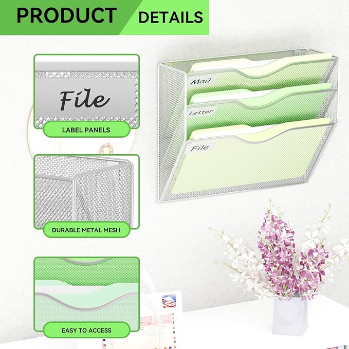 3 Pockets Hanging Wall File Organizer Mail Holder, Wall Mounted Paper Document Folder Holder, Clipboard Storage Organization Magazine Rack, Silver - Image 4