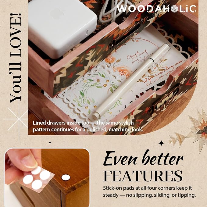 Boho Green Wooden Desk Organizer with Drawers – 4-Drawer Desktop Storage Box – Rustic Tribal Wood Desk Organizer for Office, Vanity, or Craft Supplies – Compact & Stylish Wooden Storage Drawers - Image 6