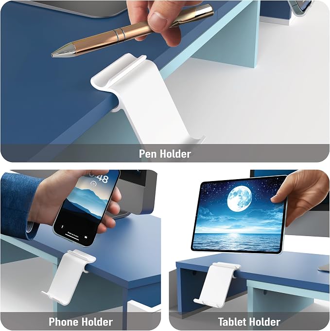 Simple Houseware Desk Dual Monitor Stand Riser with Drawer, Blue | Customizable Organizer Tray, Built-In Phone & Tablet Slot and Side Storage - Image 4
