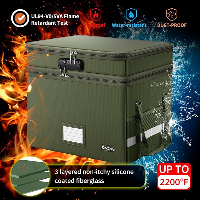 DocSafe File Box with Lock,Multi-Layer Fireproof Document Box Collapsible File Storage Organizer with Pockets/Handle,Portable Home Office Filing Cabinet for Hanging Letter/Legal Size Folders,Green - Image 5