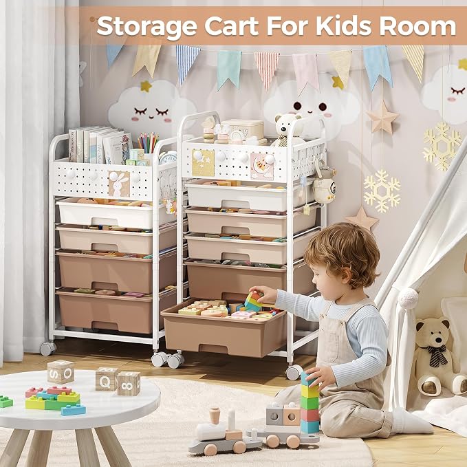 4 Drawer Rolling Storage Cart with Pegboard Top and Hooks, Brown | Mobile Organizer Cart with Wheels for Office Supplies, Craft Storage, Classroom Organization, Home Utility Cart - Image 8