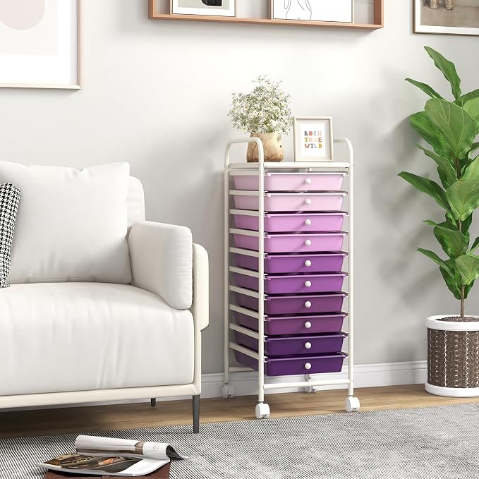 Giantex 10-Drawer Storage Cart w/Universal Wheel, Rolling Cart w/Handle, Home Organizer Storage Unit w/Removable Drawers, Trolley Utility Cart for Kitchen Makeup Living Room Office Play Room - Image 7