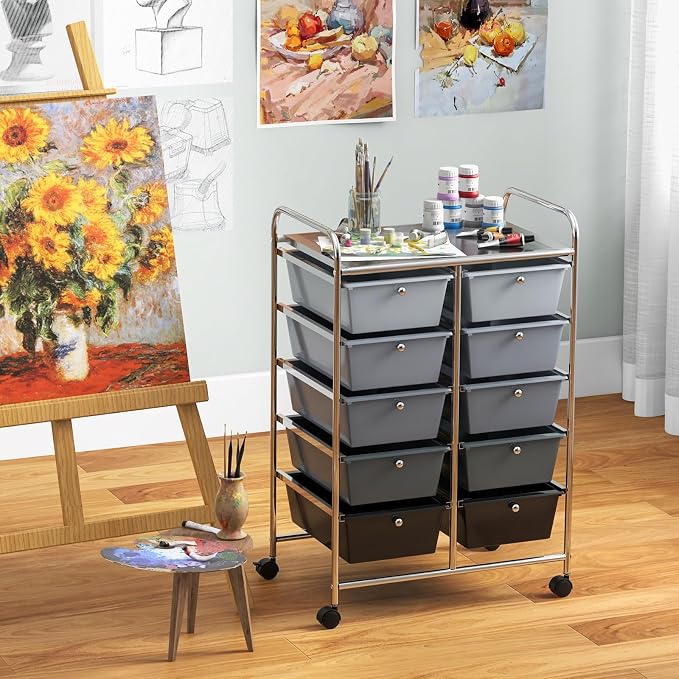 Moccha Rolling Storage Cart with 10 Drawers - Under Desk Cabinet on Wheels for Craft Art Supply Paper Salon, Scrapbook Paper Tools, Multipurpose Mobile Utility Cart for Classroom, Gradient Grey - Image 4