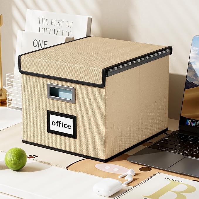 File Organizer Box with Lids, Collapsible File Folder Organizer | File Box with Plastic Slides for Office Document Storage, Filing Bin for Letter Size Hanging File Folders (2 Pack, Brown) - Image 5