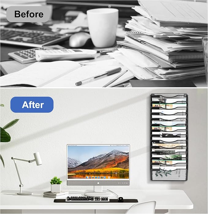 EasyPAG Wall File Organizer for Office 14 Pocket Mesh Wall Mounted Paper Organizer Hanging Folder Holder with Nametag Label for Home School, Black - Image 4