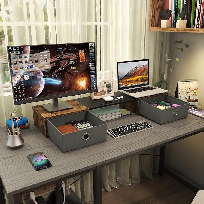 WESTREE Dual Monitor Stand Riser with Two Drawers, Extra Large Storage Monitor Stand for 2 Monitors, Desktop Organizer Stand Storage for Computer,Laptop,Screen,Printer,TV - Image 4