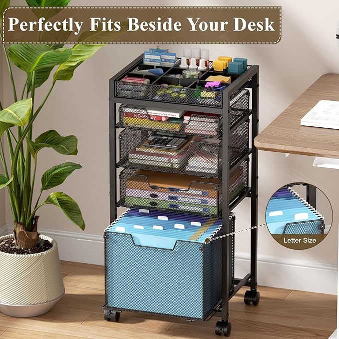Rolling File Cart with 4 Storage Drawers, Under Desk Organizer with DIY Divider, Moblie Filing Cabinet on Wheels, Fits A4/Letter Size, Metal Utility Cart for Home Office, Black - Image 5