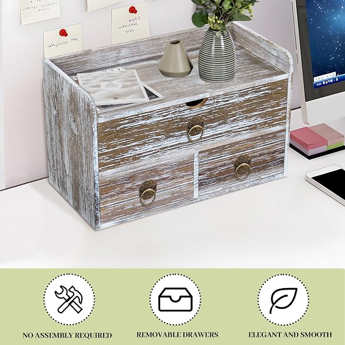 Wood Desk Organizer with Drawer, Washed Brown Wooden Desktop Organizer, Tabletop Storage Organization Box for Countertop, Home Office Supplies (3 Drawer and Shelf) - Image 7