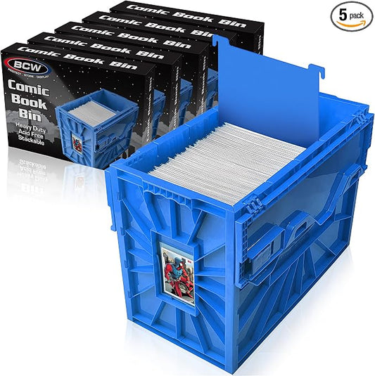 BCW Short Comic Book Bin | Holds 150 Comics | Stackable Plastic Storage | Acid-Free Organizer | Blue, 5 Pack by BCW