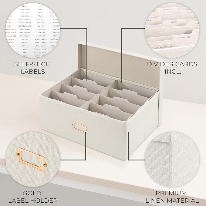 ZICOTO Decorative Photo Storage Box - Sturdy Linen Photo Organizer with Dividers is Perfect to Store Up to 1700 Pictures and 5x7 Photos - Portable Scrapbook Storage Containers with Lid - Image 6