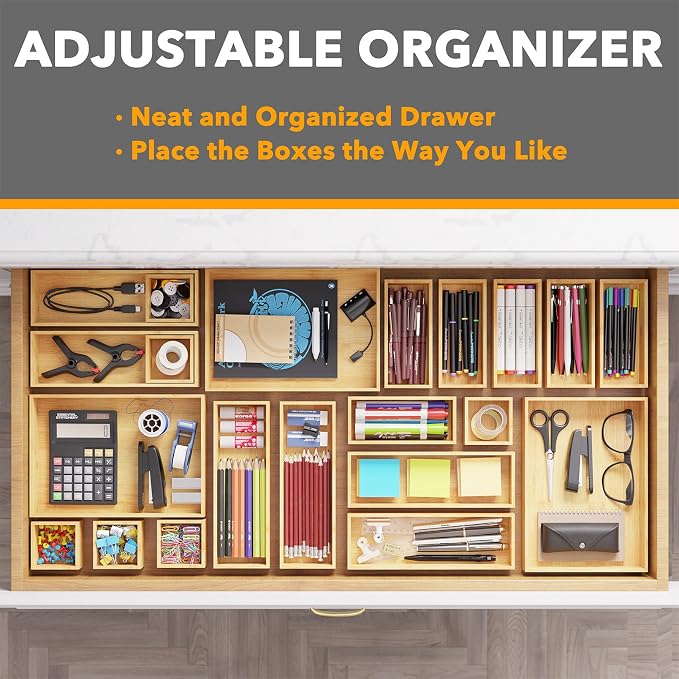 SpaceAid 21-Piece Bamboo Drawer Organizer Storage Boxes Set, Wood Tray Junk Drawer Organizers Multi-Use Divider Bins for Kitchen, Bathroom, Office Desk and Makeup Organization (21 Pack, Natural) - Image 5