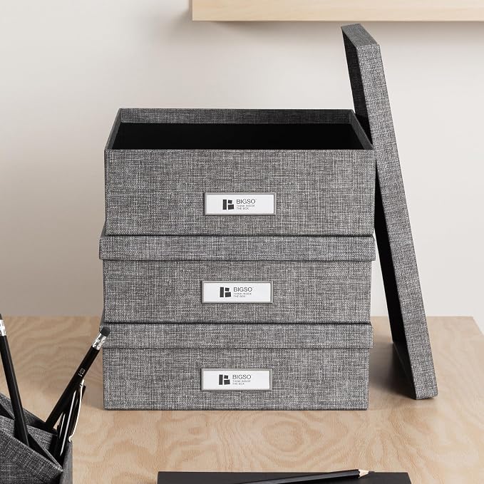 Bigso Oskar Canvas Fiberboard Document Letter Box for Important Paperwork A4 or Letter Size - Durable Keepsake Box with Lid and Metal Label Holder - 3.3in x 10.2in x 13.8in - Melange Grey - Image 7
