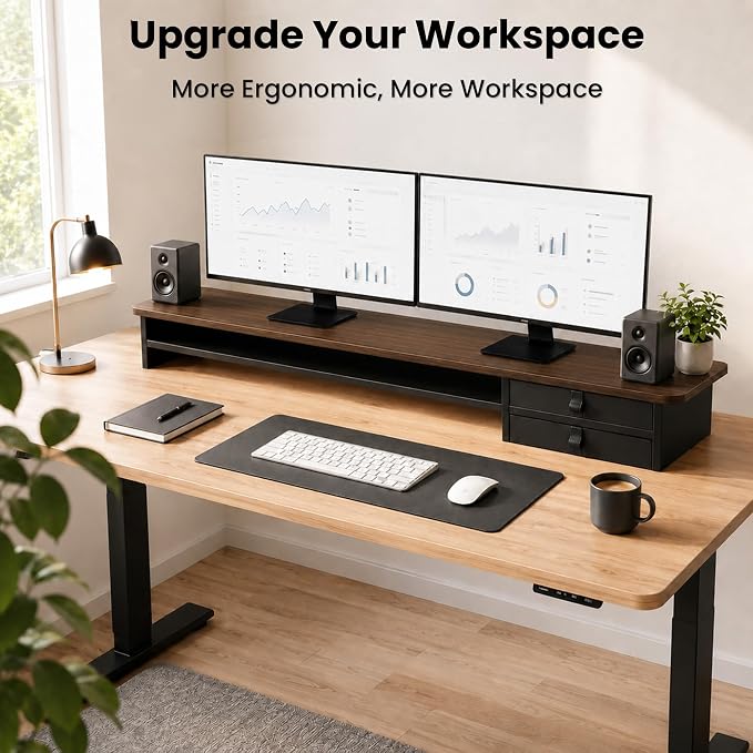 Dual Monitor Stand, 42.5 Inch Wood Monitor Riser with Drawers, 2 Tier Desktop Organizer for Computer Laptop TV, Large Screen Stand for Home Office Desk - Image 8