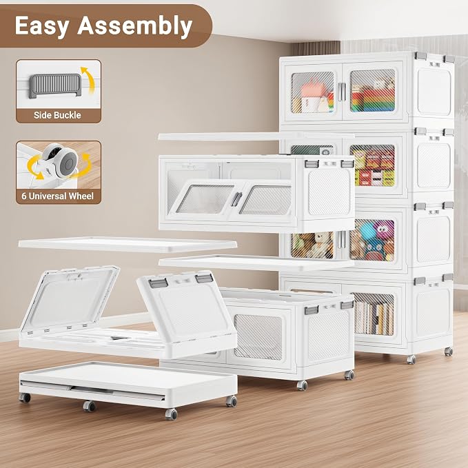 BROVIEW 660 Qt/165 Gal Stackable Storage Bins with Lids, 3 Pack, White | Large Stackable Storage Boxes w/ 3 Lid Folding Plastic Cart Organizer for Home Kitchen, Open Front Clear Door with Wheels - Image 8