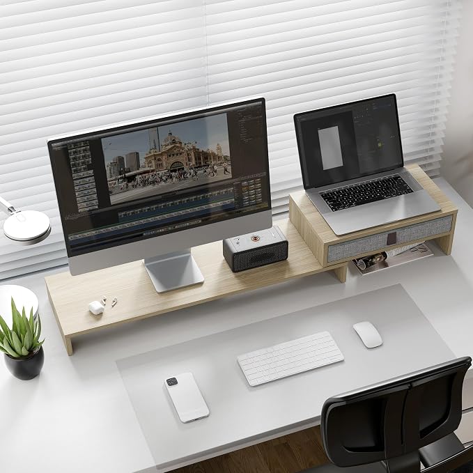 Fenge Triple Monitor Stand with Srorage Drawer, Adjustable Length and Angle | Computer Monitor Riser for 2 or 3 Monitors, Wooden Desktop Laptop Stand, Office Organizer for PC, Screen, Tablet, Oak - Image 4