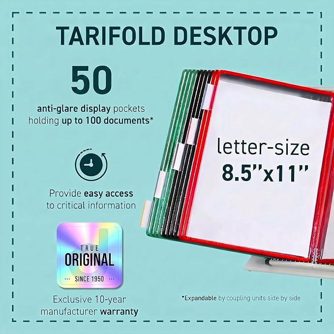 Tarifold Desktop Reference Display System, 50 Pockets, Expandable, Assorted | 50 Double-Sided PVC Pockets, Holds 100 Letter-Size Sheets, Sturdy Metal Base, Quick-Find Indexing, Quick and Easy to Assemble - Image 2