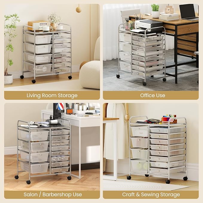 COSTWAY 12 Drawer Rolling Storage Cart, Utility Cart with Metal Frame | Mobile Art Supply Craft Organizer, Multipurpose Storage Organizer for Paper, Office, School Teacher, Classroom, Transparent - Image 9