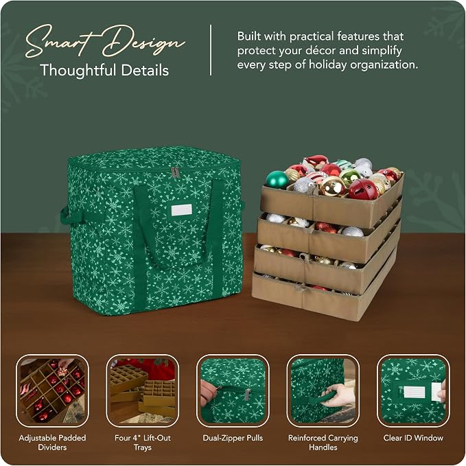 Covermates Keepsakes Adjustable Ornament Storage Bag – Heavy-Duty Polyester, Padded Dividers & FlexGrid Trays – Protective Holiday Ornament Organizer with Handles & Label Window, Green Snowflake - Image 4