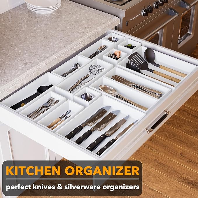 SpaceAid 14-Piece Bamboo Drawer Organizer Storage Boxes Set, Wood Tray Junk Drawer Organizers Multi-Use Divider Bins for Kitchen, Bathroom, Office Desk and Makeup Organization (14 Pack, White) - Image 4